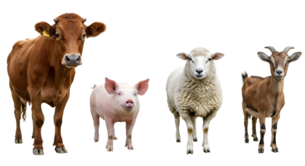 A group of farm animals standing together against a black background
