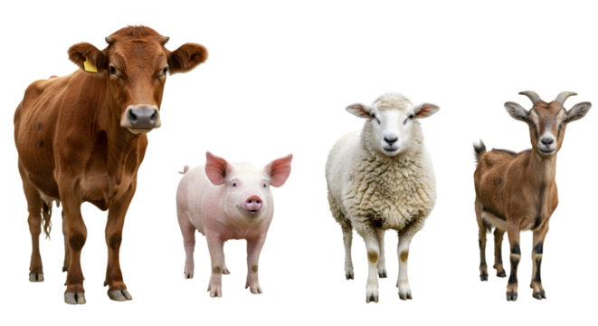A group of farm animals standing together against a black background