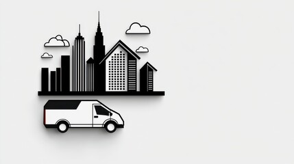 Fototapeta premium Pixelated Delivery Van Driving Past Black and White Cityscape on White Background