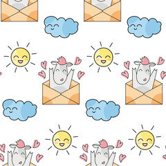 cute kids seamless pattern with horses and clouds. Joyful hand drawing