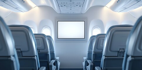 Clean, empty airplane cabin with a blank screen overhead perfect for travel or airline advertising mockups.
