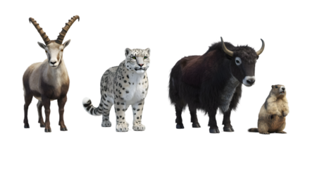 A group of four different animals standing together in a dark scene