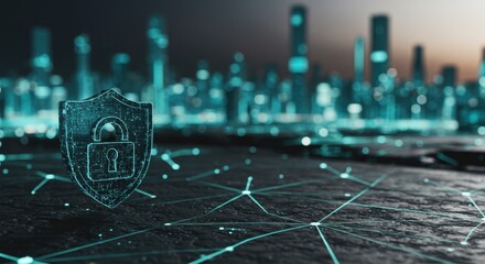 Cybersecurity Shield Protecting Futuristic Cityscape Digital Network Data Protection