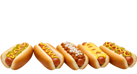 A row of hot dogs with various toppings on a black background view