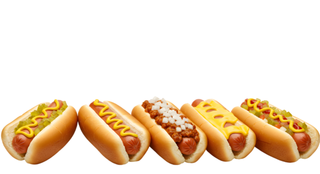 A row of hot dogs with various toppings on a black background view