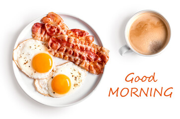 Breakfast with fried eggs, bacon and coffee