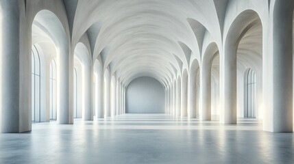 Naklejka premium Vast Concrete Hall with Columns and Glowing Windows, Minimalist Modern Architecture