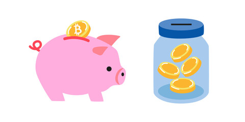 Set of piggy banks with gold coins. Investments, safe keeps gold coins. Keep and accumulate cash savings. Safe finance investment. Business concept. Vector cartoon illustration