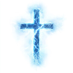 A vibrant blue cross engulfed in electric energy against a white background. A powerful image of faith, hope, and spiritual energy. Stunning digital artwork.
