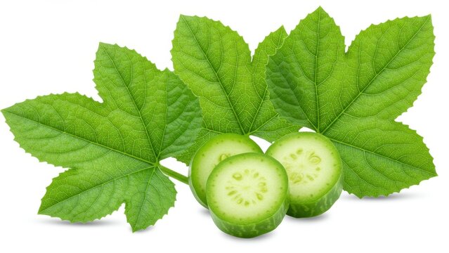 Close-up of vibrant green pointed gourd slices with leaves against white background.