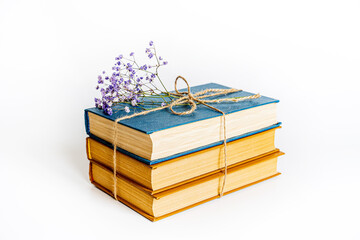 stack large pile of printed literary old books tied with rope and lying on light background, book...