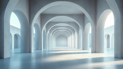 Fototapeta premium Vast Concrete Hall with Columns and Glowing Windows, Minimalist Modern Architecture