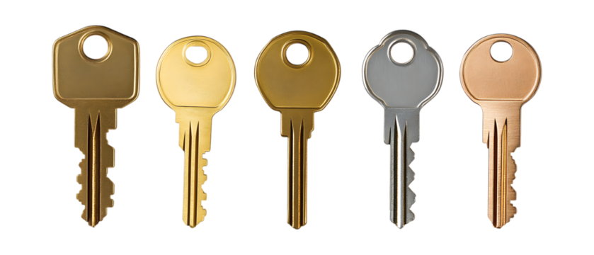 Pack of Key set of Five Different Poses set Against Transparent Background for Design, Illustration, or Iconography Projects