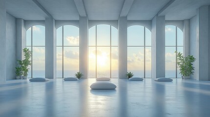 Obraz premium Vast Concrete Hall with Columns and Glowing Windows, Minimalist Modern Architecture