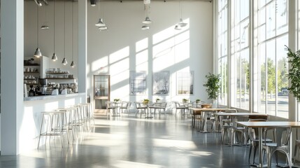 Bright cafe interior, sunlit space, modern design, perfect for photoshoots