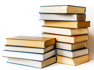 stack large pile of printed literary old books lies on table, book covers and pages for study, book...