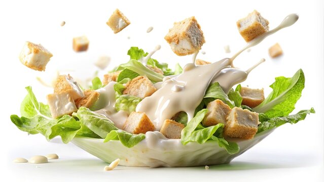Delicious Caesar Salad with Creamy Dressing and Crispy Croutons in midair