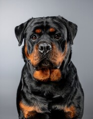 Obraz premium ンプルなシルバー背景に立つロットワイラー、その力強さと黒い被毛が背景と対比し、見る人に強い印象を与える存在感を作り出している