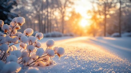 A Stunning Winter Landscape with Snow - Covered Trees, the Sun Shining Through, and a Focus on an Isolated Branch Covered in Fresh Snow, Evoking Calmness and Tranquility During Christmas. 