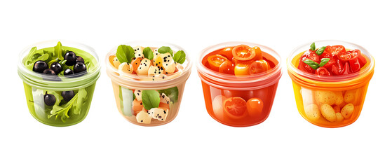 Pack of Container of Food set of Five Different Poses set Against Transparent Background for Meal Branding, Packaging Mockups, or Kitchen Design Projects