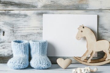 Baby Shoes and Rocking Horse with Blank Card on Wooden Background