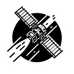 Symbolic black and white isolated vector illustration of a communication satellite on a white background.