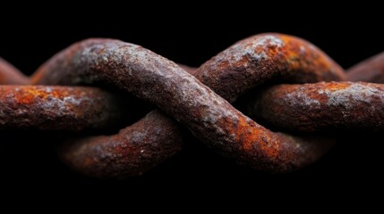Fototapeta premium Rusty chain links intertwined. Close-up view of aged metal links, exhibiting deep rust