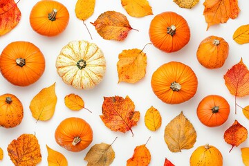 Arrangement of Pumpkins and Colorful Autumn Leaves on White Background