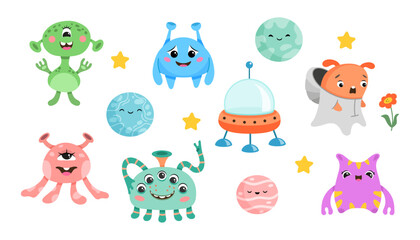 A set of cute abstract cartoon alien characters. A set of different types of colorful monsters. Mascots expressing emotions. Vector children illustration in flat design isolated collection
