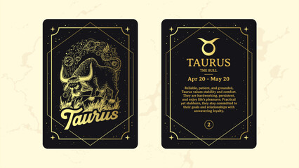 Taurus Zodiac Sign Card–Intricate Line Art of The Bull with Cosmic and Nature Motifs Vintage Astrology and Horoscope Design