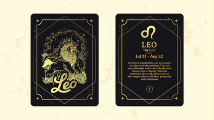 Leo Zodiac Sign Card – Royal Line Art of The Lion with Radiant Celestial Elements – Majestic Astrology & Horoscope Artwork