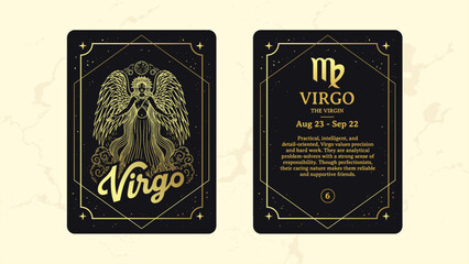 Virgo Zodiac Sign Card &ndash; Delicate Line Art of The Maiden with Floral and Cosmic Details &ndash; Elegant Zodiac & Horoscope Illustration