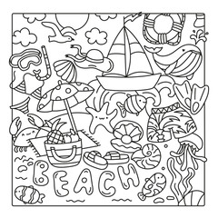 Coloring book with marine animals. A set of cute cartoon characters. Doodle style. Contour vector illustration for coloring.