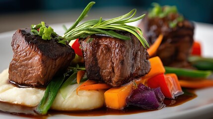A delectable gourmet dish featu tender braised beef cubes artfully arranged on creamy mashed potatoes with vibrant roasted vegetables and a rich savory sauce.