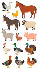 Farm animals and birds in trendy flat style, including horse, cow, donkey, sheep, goat, pig, rabbit, duck, goose, turkey and chicken