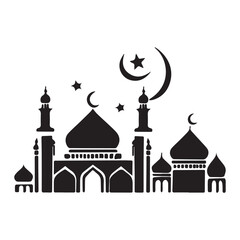 Vector illustration of the Taj Mahal with architectural elements, dome, mosque design, and silhouette, representing a famous landmark and symbol of travel, religion, and culture