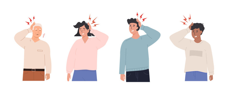 Senior woman suffering from brain fog and cognitive dysfunction. Neurological disorder concept. Confused elderly woman with dementia symptoms. Alzheimer disease. Vector isolated illustration on white.