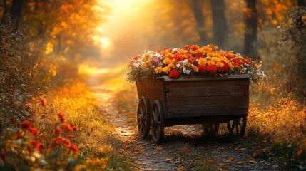 Rustic wooden cart filled with colorful autumn flowers sits on a path in a sunlit forest.