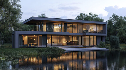 Modern riverside house with large glass windows reflecting on water