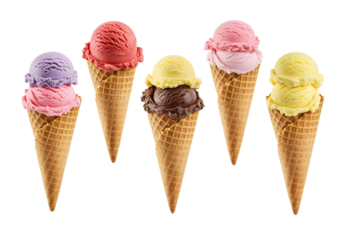 five different flavors of ice cream in a waffle cone, isolated on transparent background