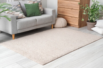 Interior of light living room with soft carpet, sofa and pouf