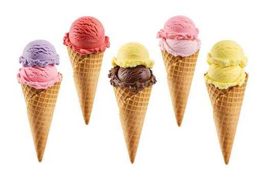 five different flavors of ice cream in a waffle cone, isolated on transparent background