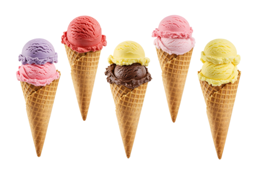five different flavors of ice cream in a waffle cone, isolated on transparent background