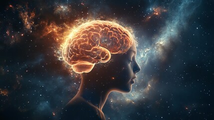 Human silhouette with glowing brain and cosmic background with stars and nebulas around the head