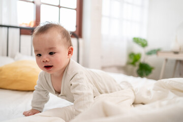 Fototapeta premium Innocent Asian cute newborn baby learning to crawl on bed in the bedroom. 