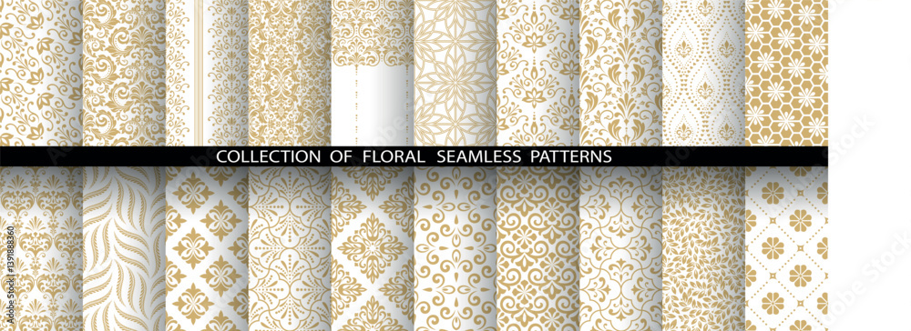 Poster geometric floral set of seamless patterns. white and golden vector backgrounds. damask graphic ornam