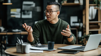 Obraz premium Asian man with glasses, engaged in a discussion, sits at a desk with a laptop and papers in a modern office.
