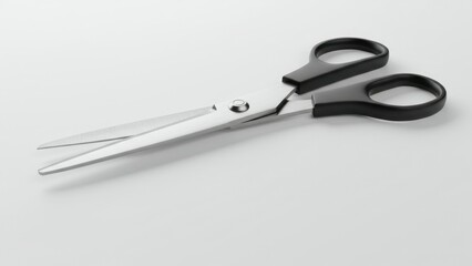 Obraz premium A pair of silver scissors with black handles on a white surface. Minimal.