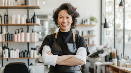 Asian female hairdresser smiling confidently in a modern salon setting.