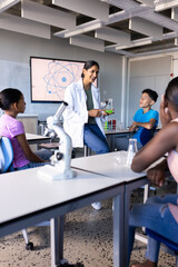 In school, Indian female teacher demonstrating science experiment to students in classroom